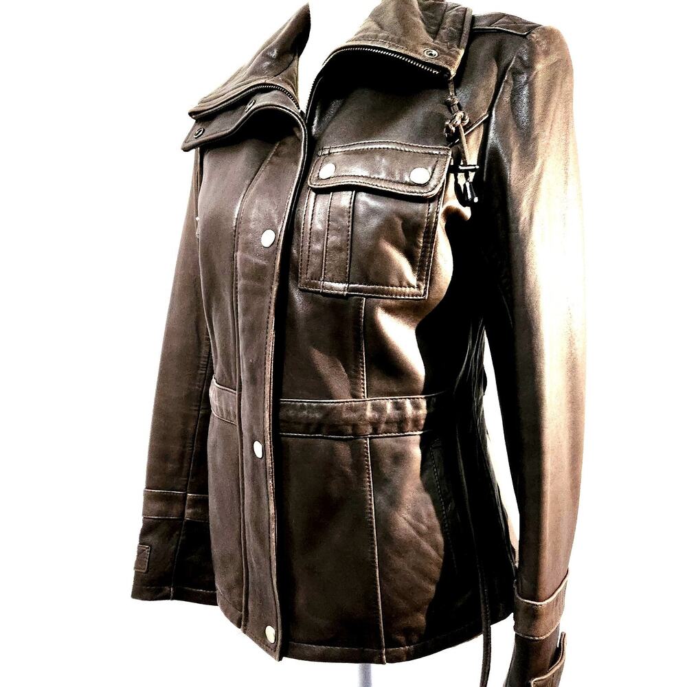 Tibor Lined Jacket Brown Size S Soft Leather Zip & Snap High Collar Classic Look - Picture 12 of 13